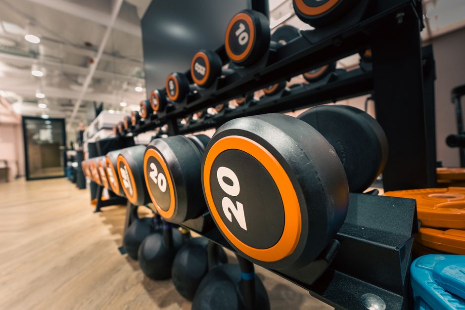 A row of heavy dumbbells in a contemporary gym setting, perfect for strength training.